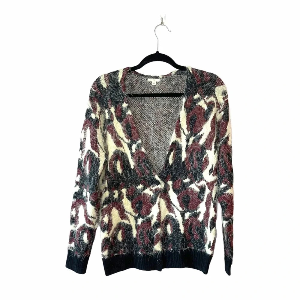 bp Leopard Abstract Print Cardigan Sweater Cream Black Red Fuzzy Oversized Small